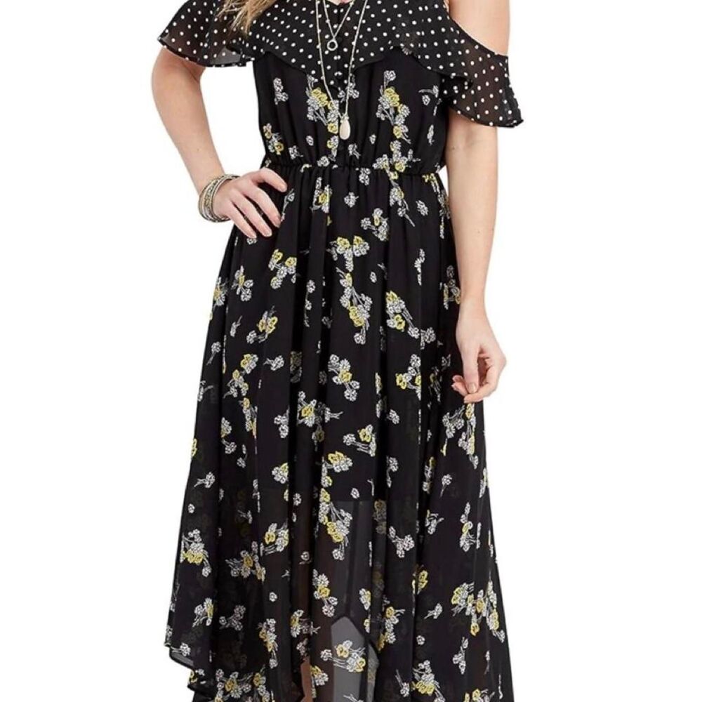 Maurices Hanky Hem Cold Shoulder Floral Maxi Dress Size 3X Boho Indie Floral